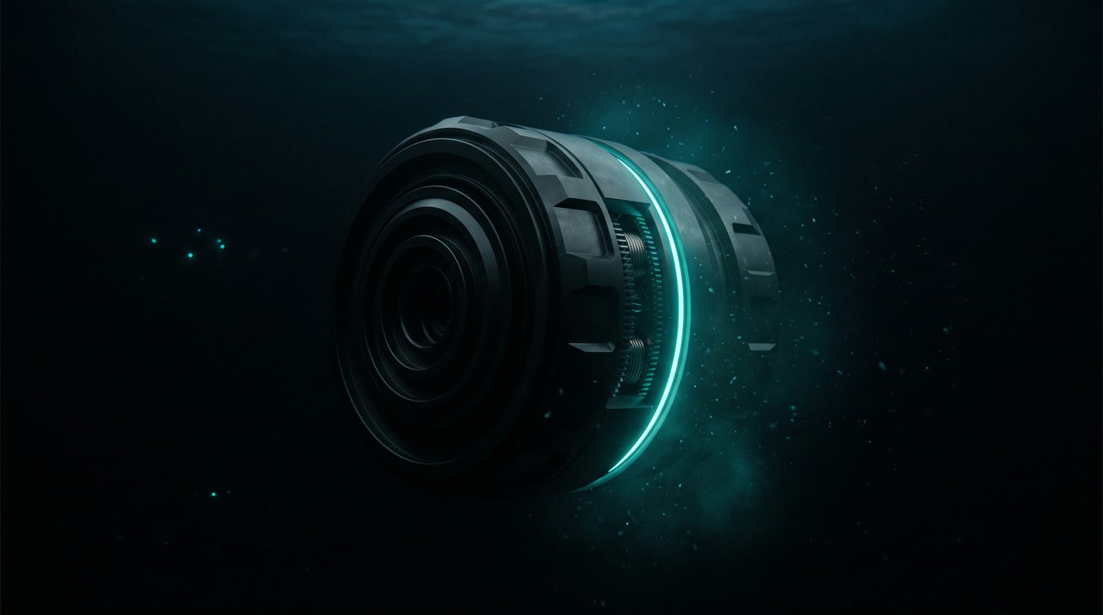 A machined engine with a glowing teal seam, suspended in deep dark water